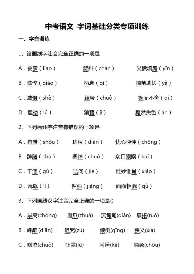 2020中考语文：《字词》基础分类专项训练，一分也不要失