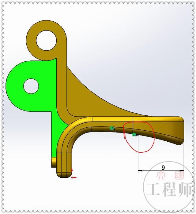 用SolidWorks画的金属连接件，此图蓝色面的切除，是个小难点