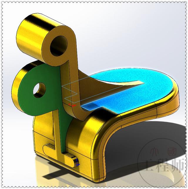 用SolidWorks画的金属连接件，此图蓝色面的切除，是个小难点