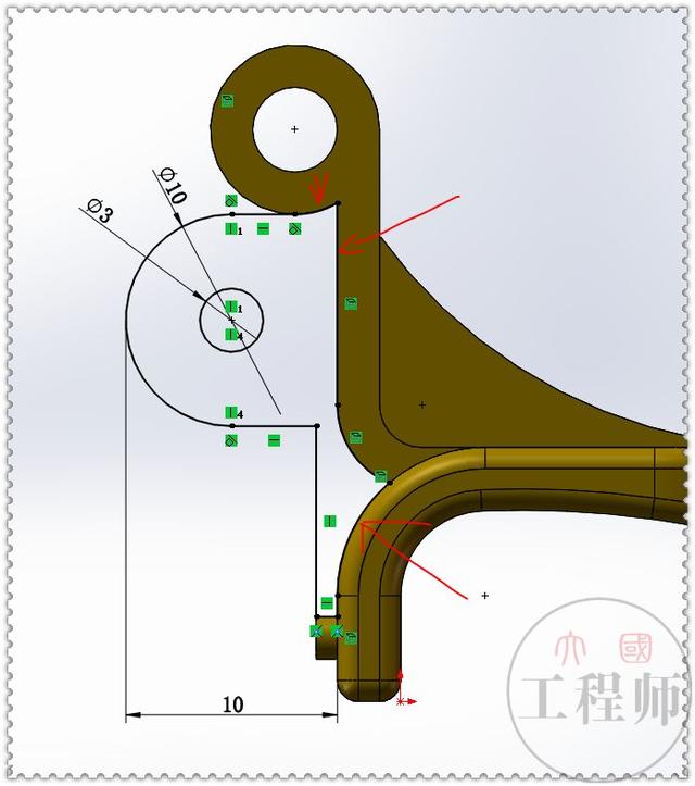 用SolidWorks画的金属连接件，此图蓝色面的切除，是个小难点