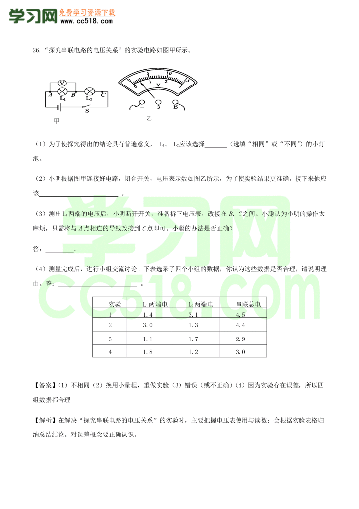 初三物理全册精讲练习第16章 电压电阻