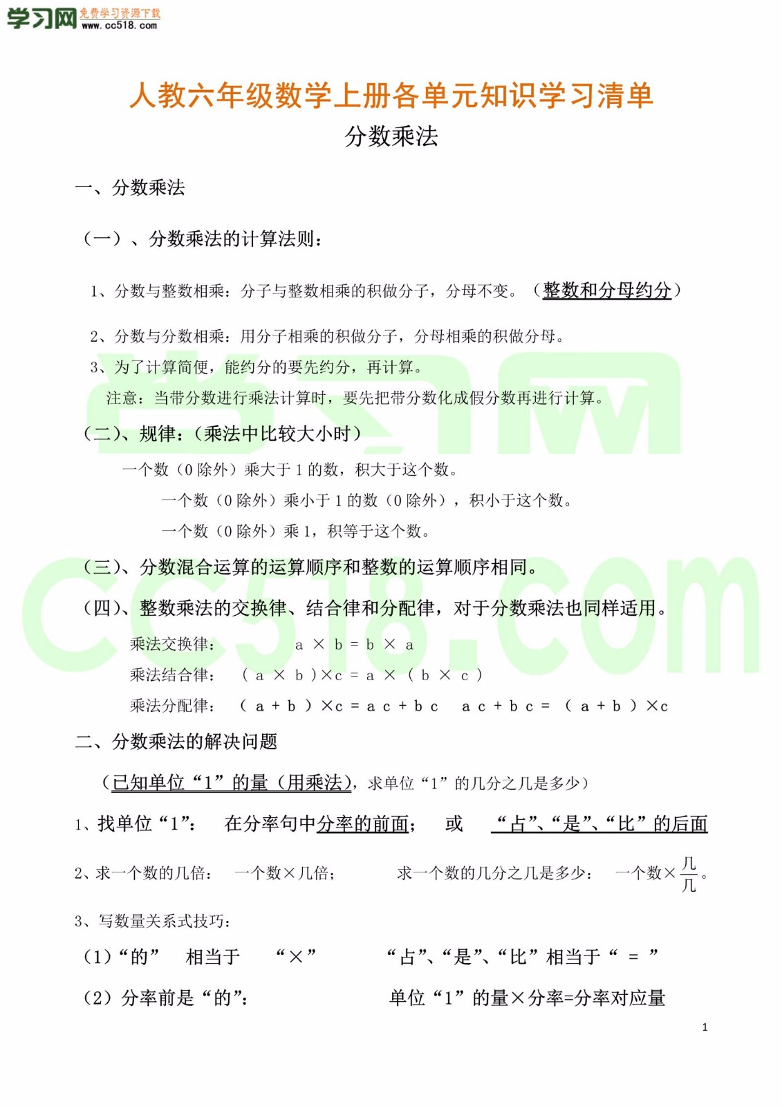 六年级数学上册各单元知识学习清单（人教版）