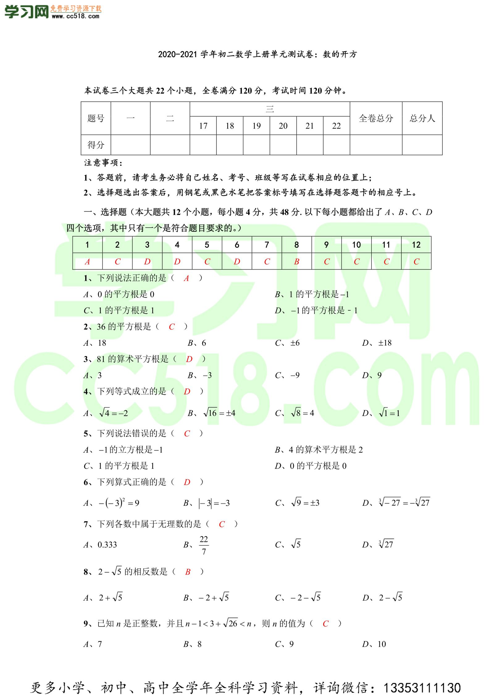 初二数学上册单元测试卷：数的开方
