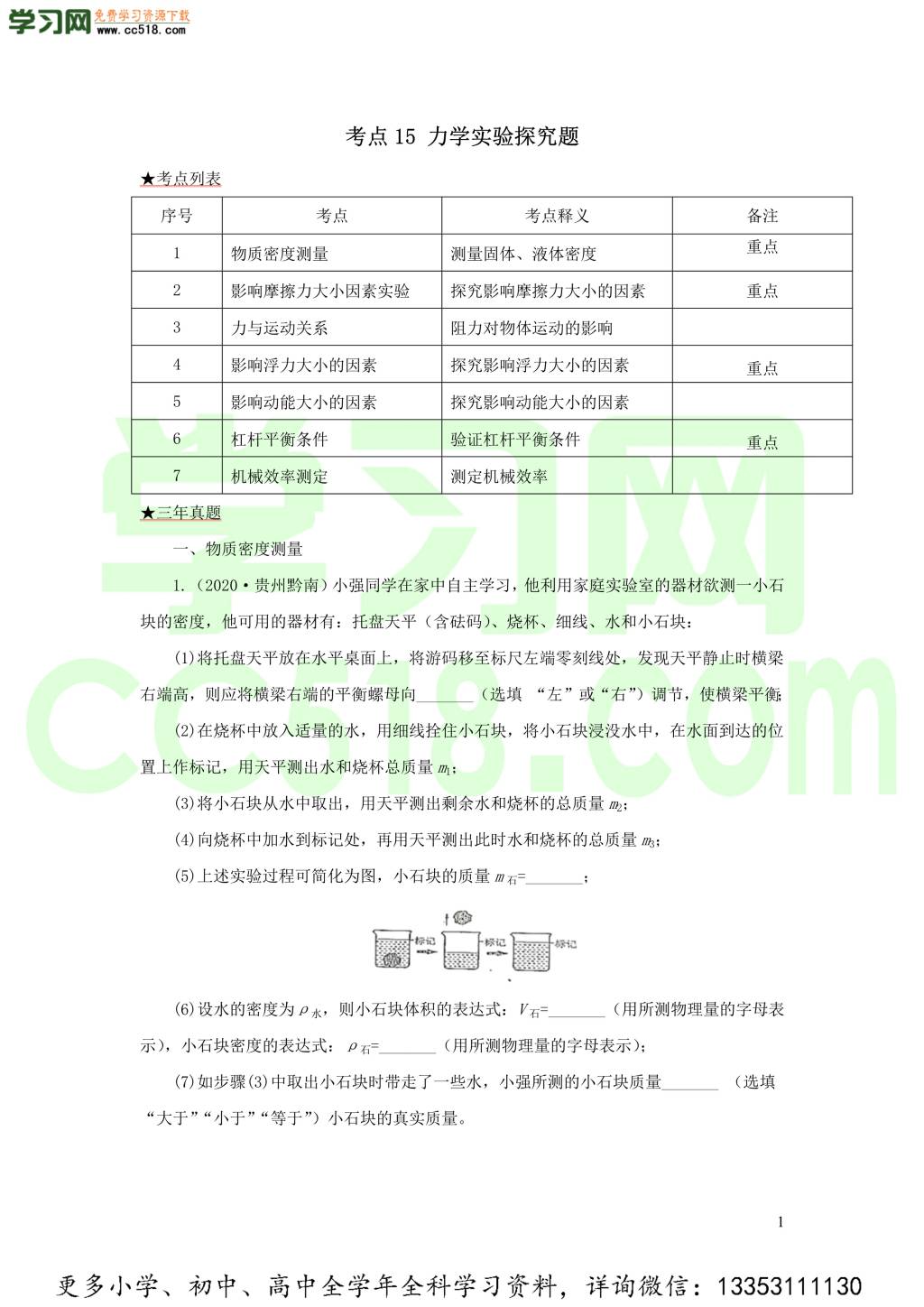 2018-2020近三年中考物理真题分类汇编15力学实验探究题（附解析）