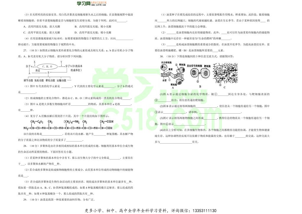 人教版2020-2021高一生物上学期期中备考卷（B卷）（word版附答案）