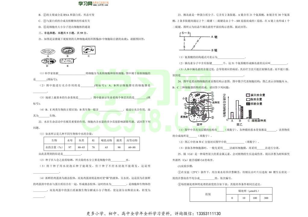 新高考地区2020-2021高一生物上学期期中备考卷（B卷）（word版附答案）