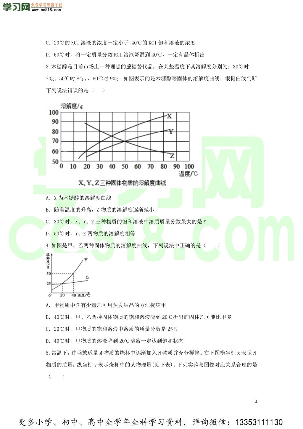 九年级化学考点复习专题训练五溶液试题