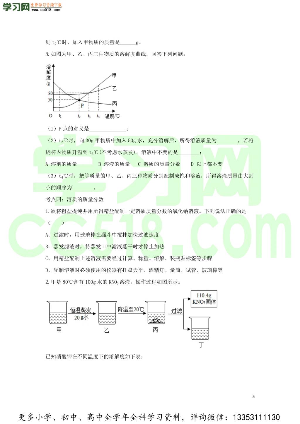 九年级化学考点复习专题训练五溶液试题