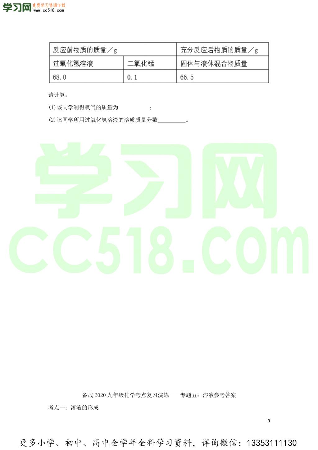 九年级化学考点复习专题训练五溶液试题