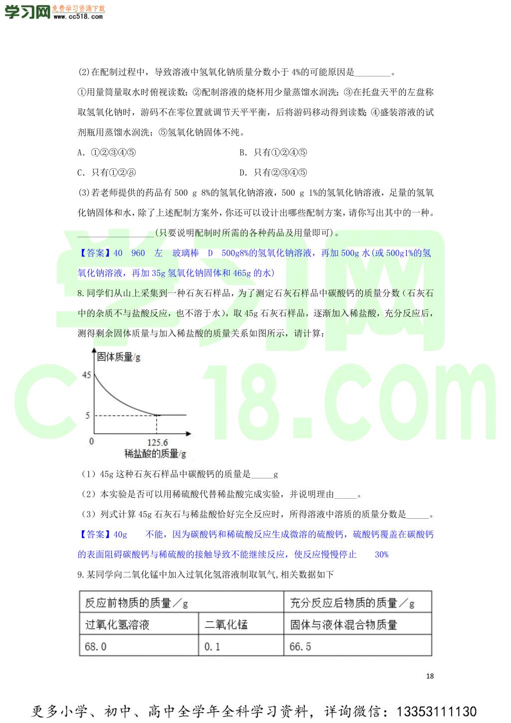 九年级化学考点复习专题训练五溶液试题