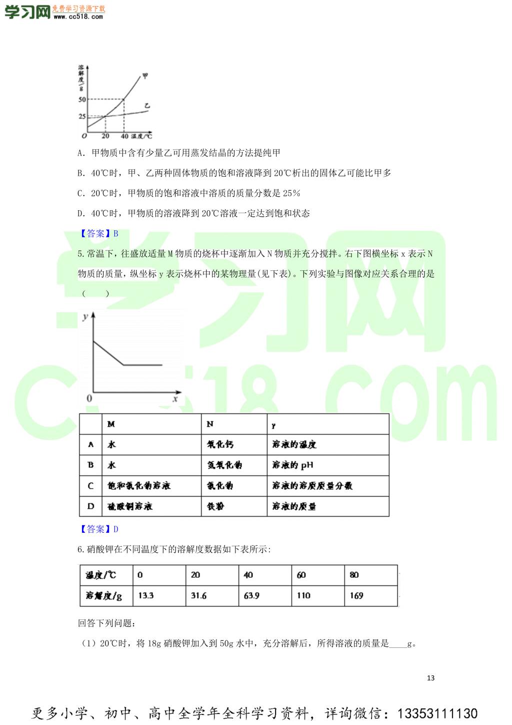 九年级化学考点复习专题训练五溶液试题