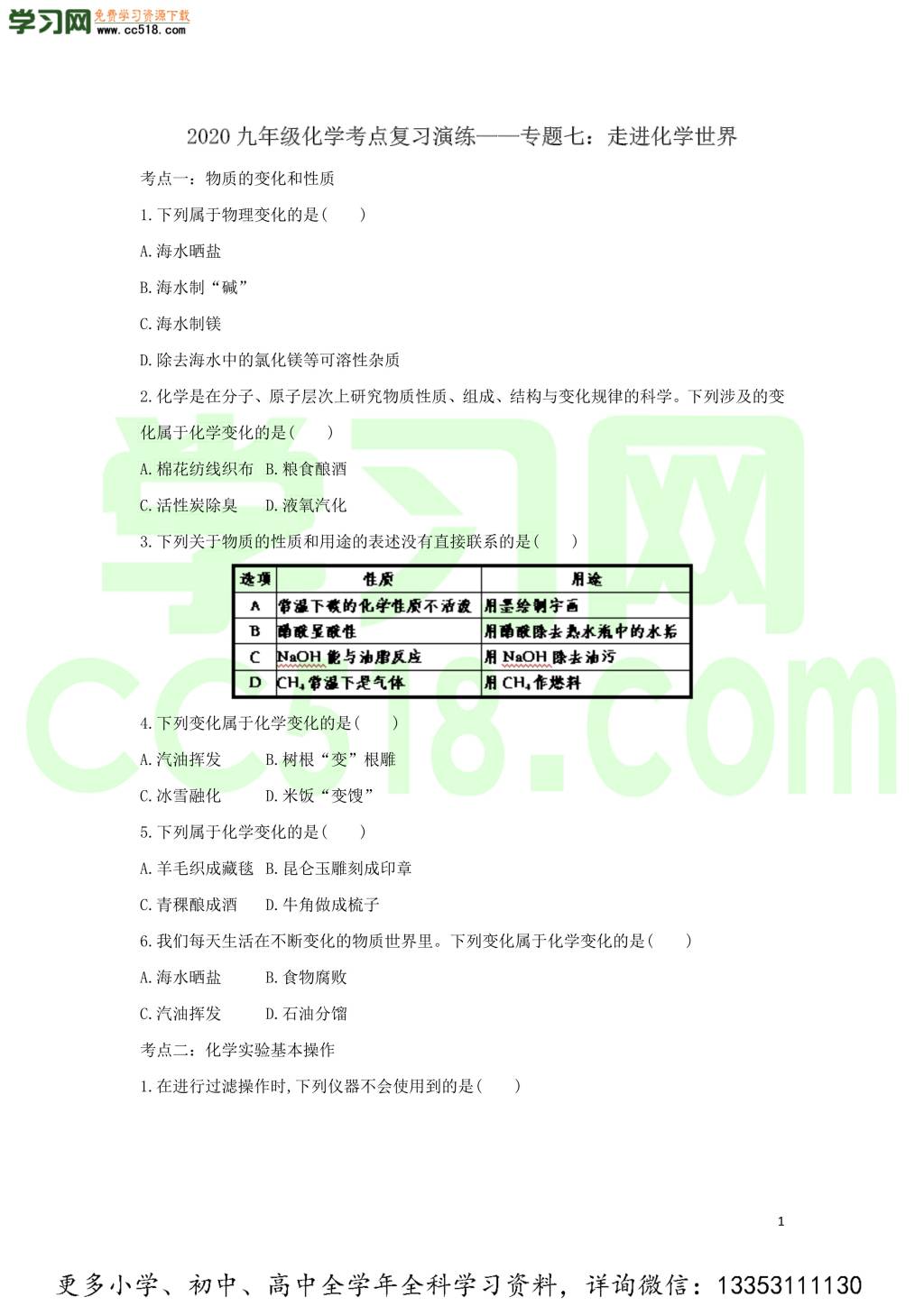 九年级化学考点复习专题训练七走进化学世界试题