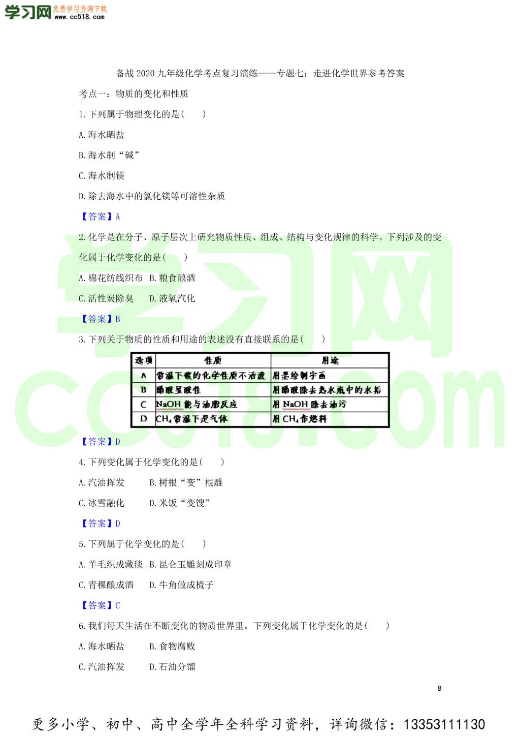 九年级化学考点复习专题训练七走进化学世界试题