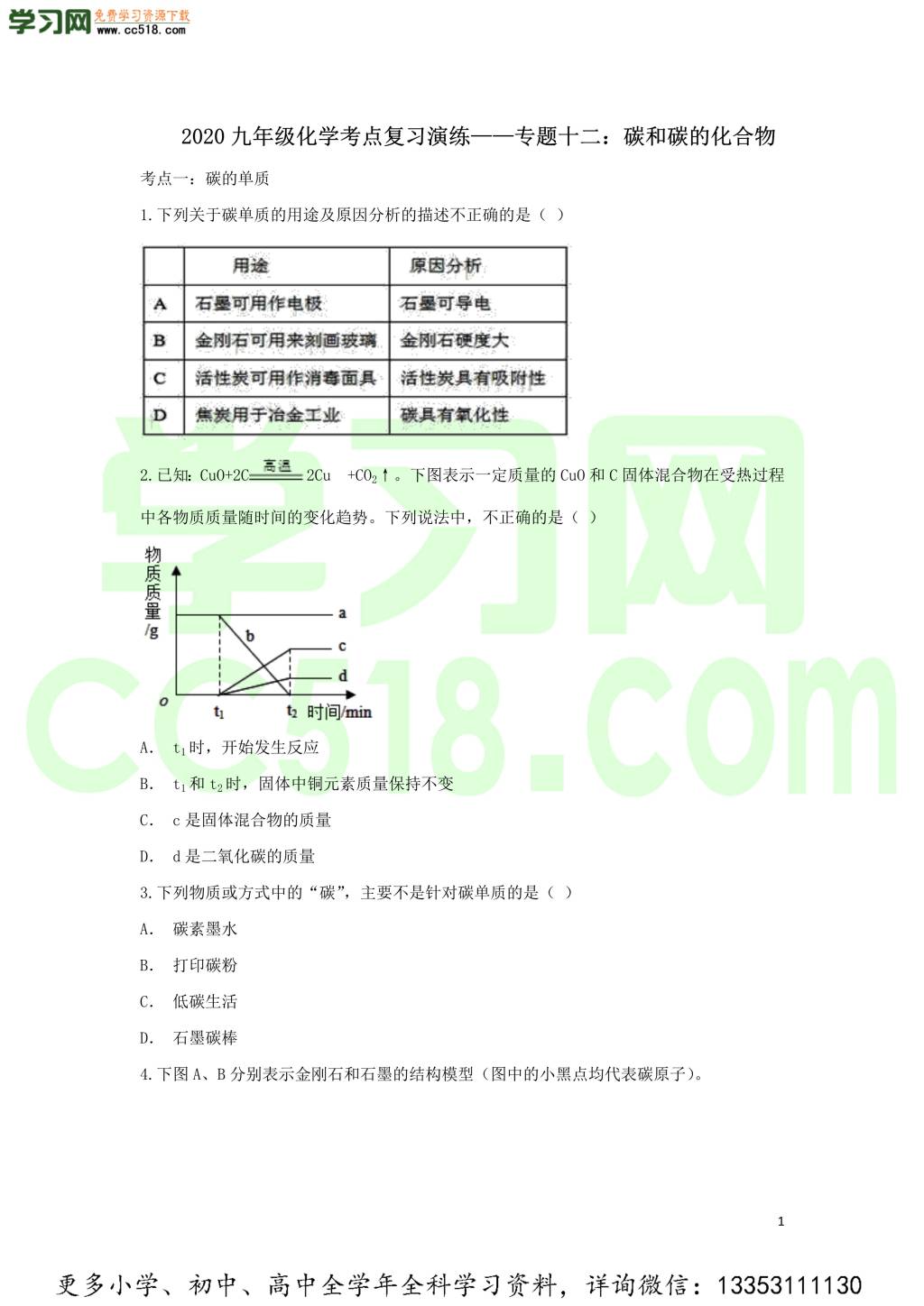 九年级化学考点复习专题训练十二碳和碳的化合物试题