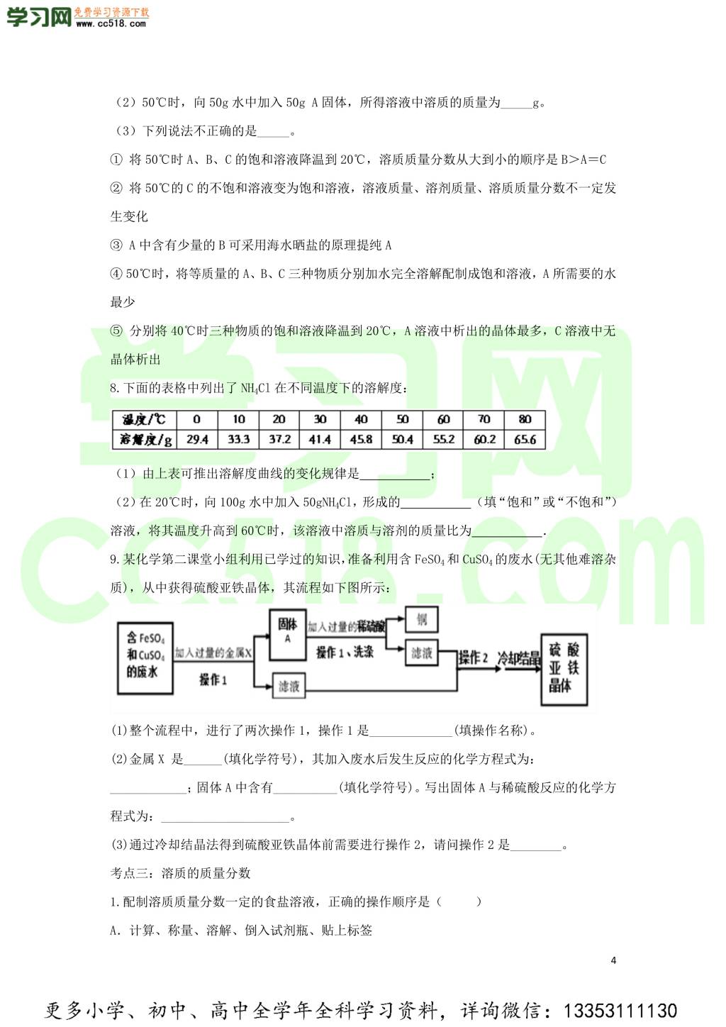 九年级化学考点复习专题训练十七溶液试题