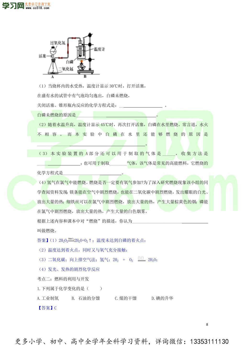 九年级化学考点复习专题训练二十一燃料及其利用试题