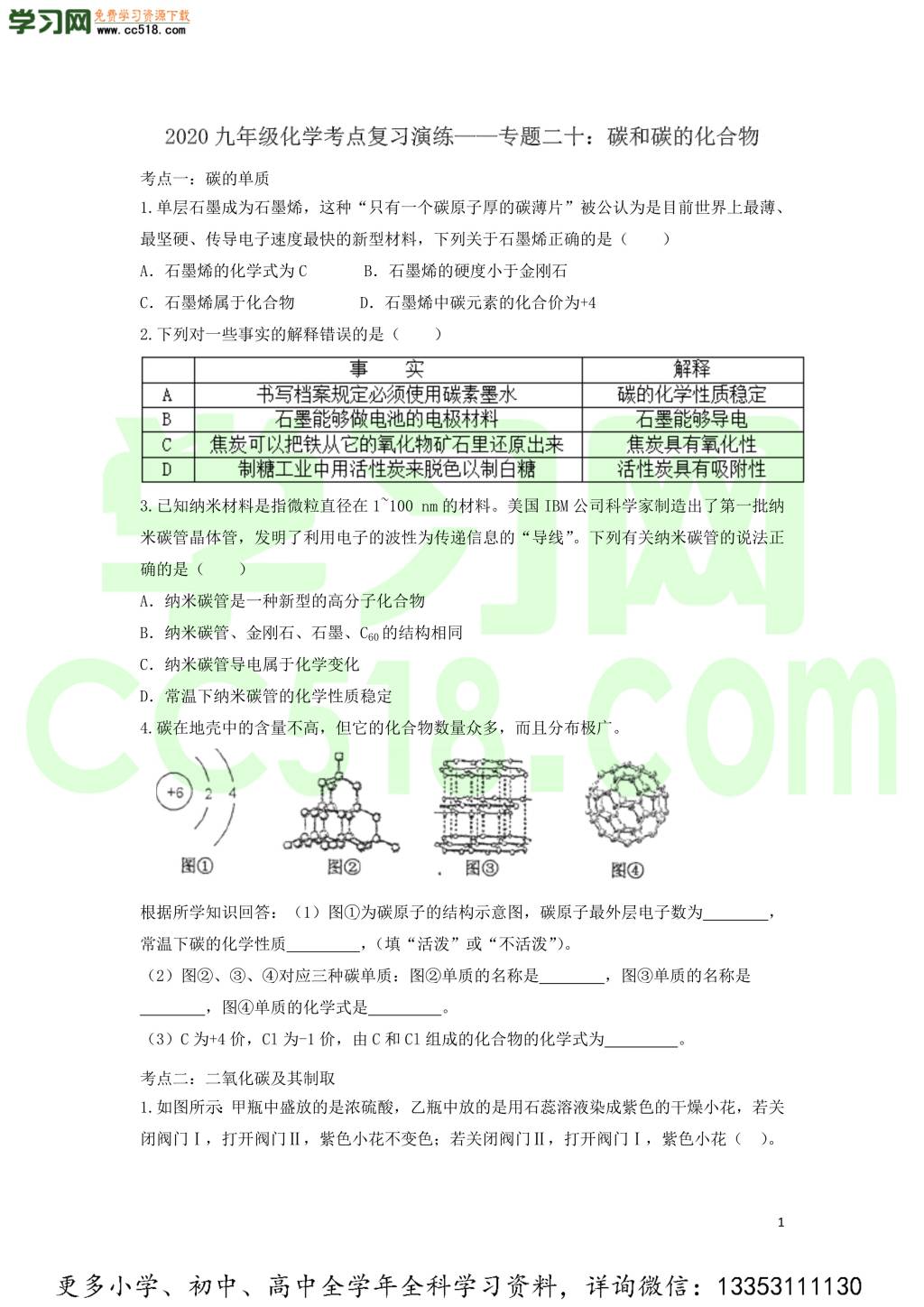 九年级化学考点复习专题训练二十碳和碳的化合物试题