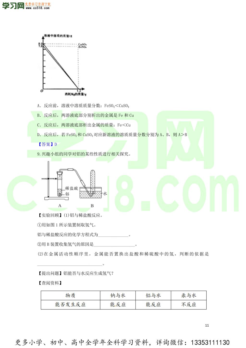 九年级化学考点复习专题训练二十八金属溶液试题