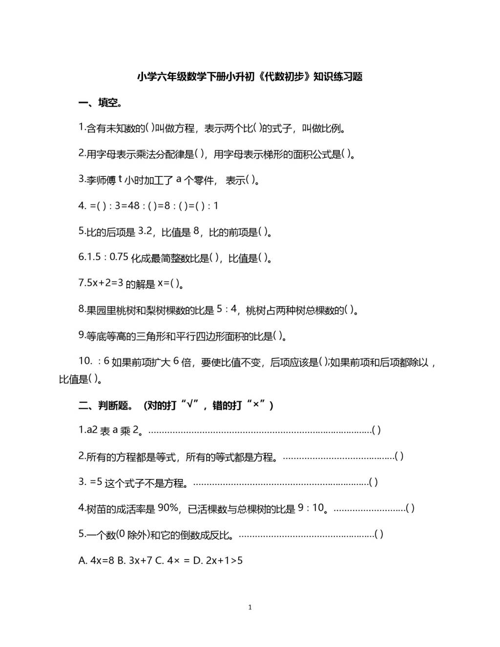 小学六年级数学下册小升初《代数初步》知识练习题（文件编号：21011834）