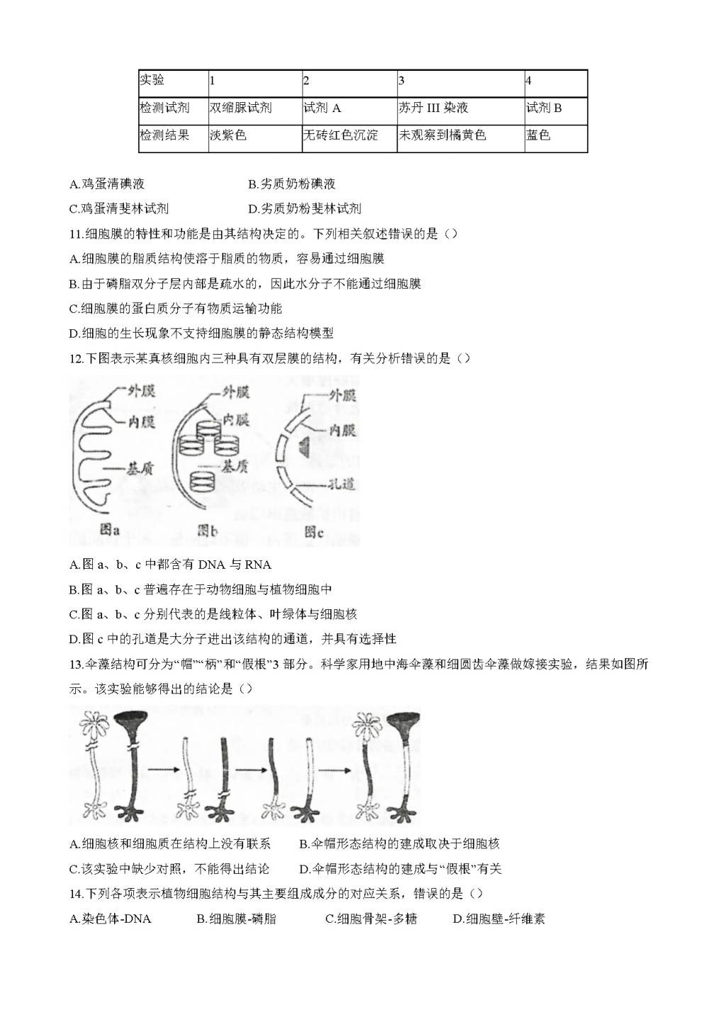 天津市东丽区2020-2021高一生物上学期期末考试试题（word版附答案）（文件编号：21020208）