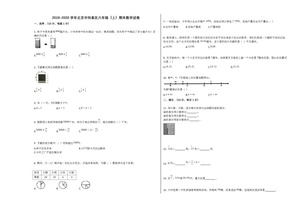 北京市怀柔区2019-2020学年六年级数学上学期期末试卷（文件编号：21020719）