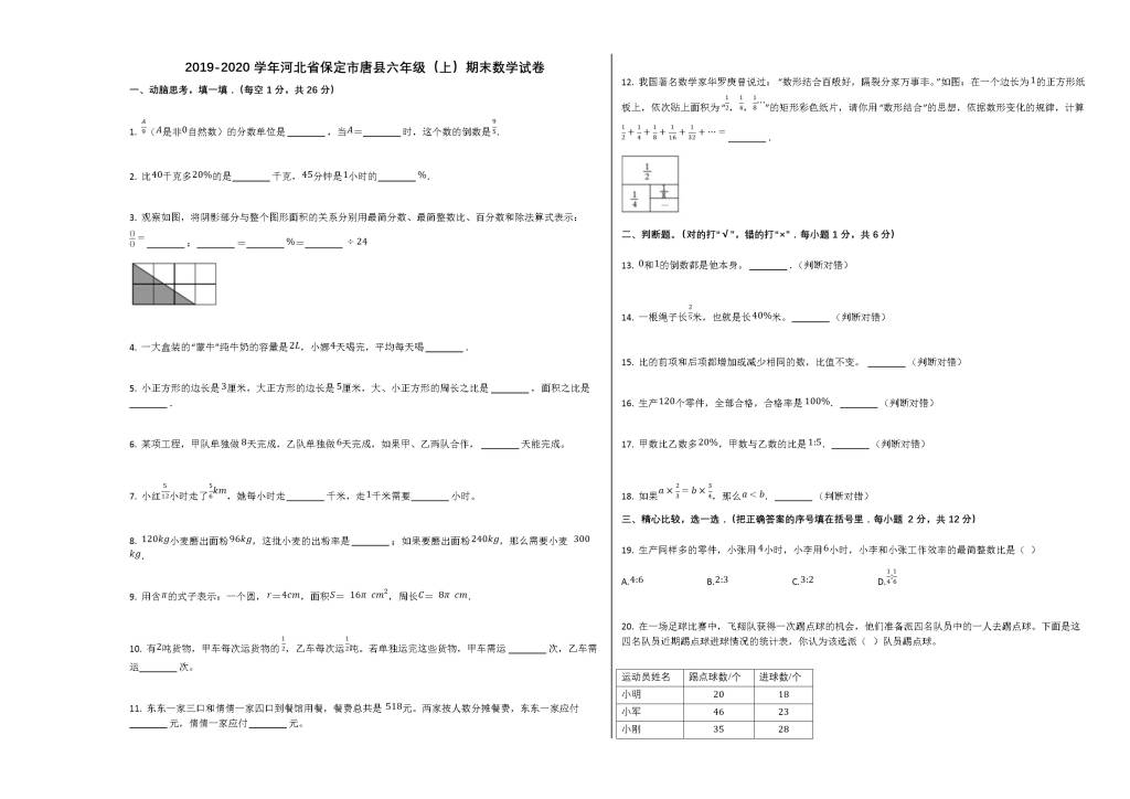 保定市唐县2019-2020学年六年级数学上学期期末试卷（文件编号：21020718）