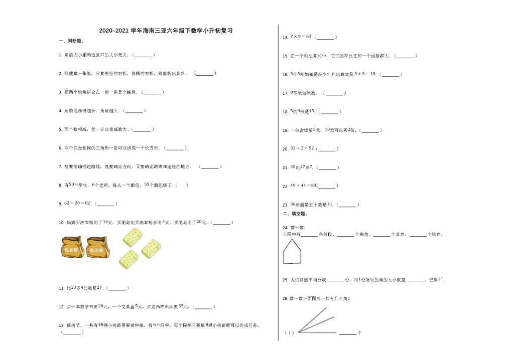 2020-2021学年海南三亚六年级数学下学期小升初复习题（1）（文件编号：21020811）