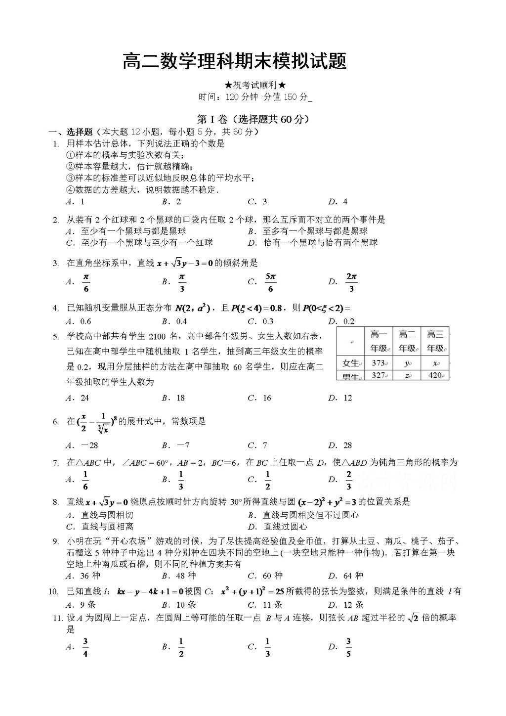 湖北省宜城市高二下学期开学考试数学试卷（理）（含答案）（文件编号：21020930）