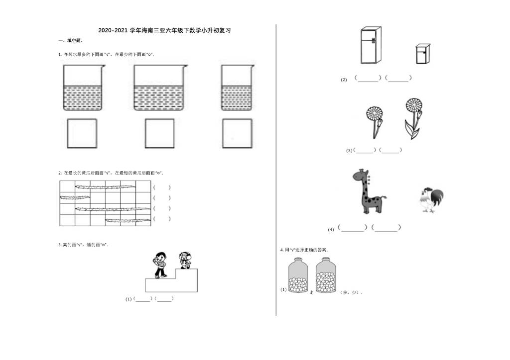 2020-2021学年海南三亚六年级数学下学期小升初复习题（5）（文件编号：21021117）