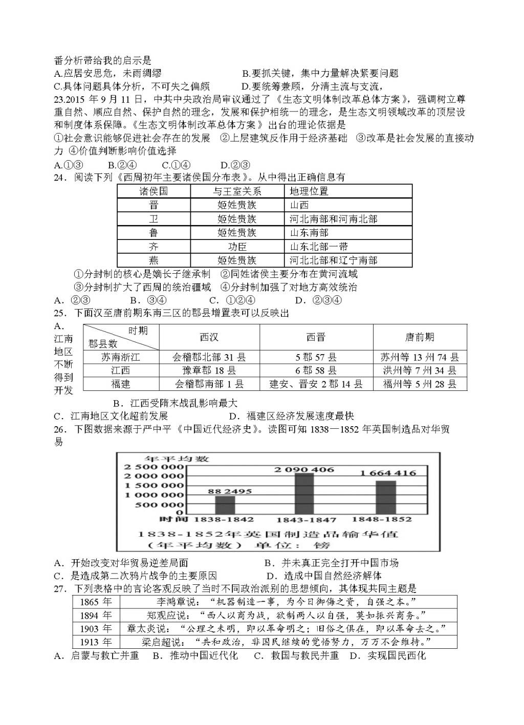 陕西省西安市铁一中高三下学期开学考试文综试卷（含答案）（文件编号：21021815）