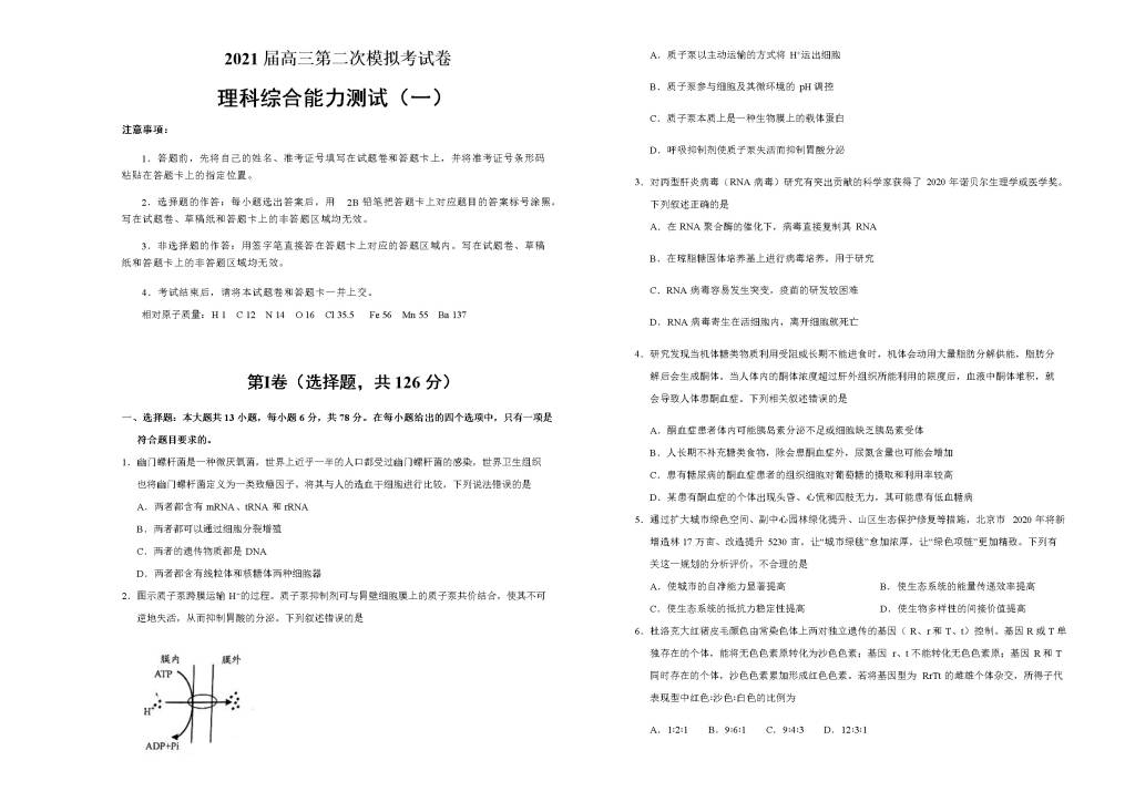 全国I卷2021届高三理综第二次模拟试卷(Word版附答案）（文件编号：21040705）