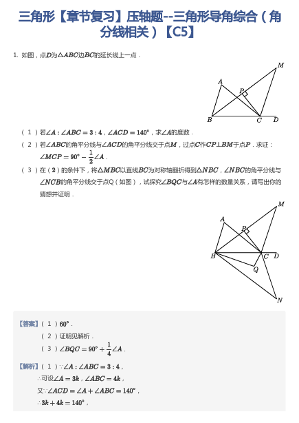 三角形【章节复习】压轴题--三角形导角综合（角分线相关）【C5】
