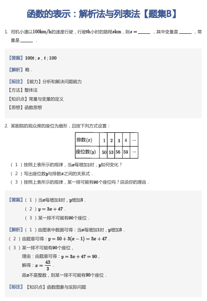 函数的表示：解析法与列表法【题集B】