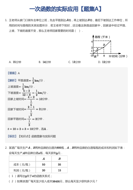 一次函数的实际应用【题集A】