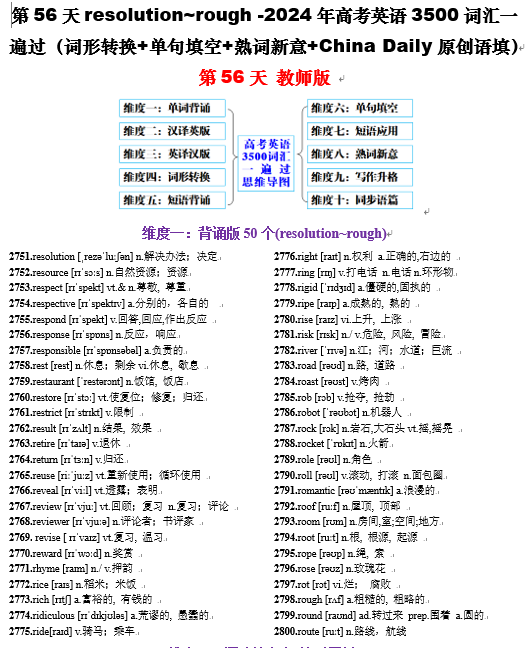 第56天 resolution~rough （词形转换+单句填空+熟词新意+China Daily原创语填）-2024年高考英语3500词汇一遍过