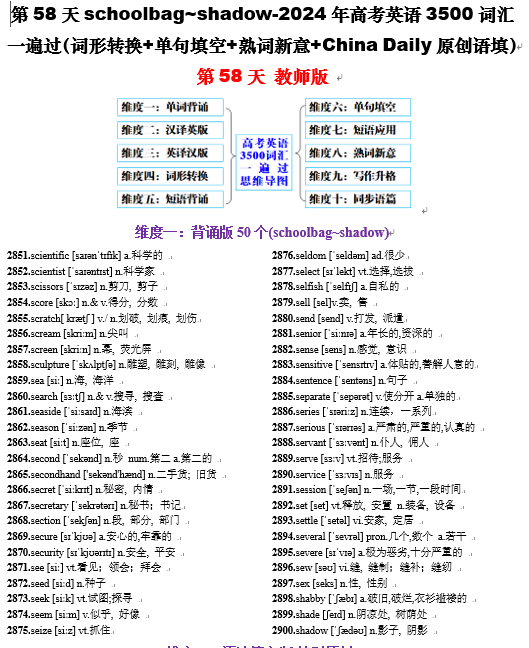 第58天 schoolbag~shadow（词形转换+单句填空+熟词新意+China Daily原创语填）-2024年高考英语3500词汇一遍过