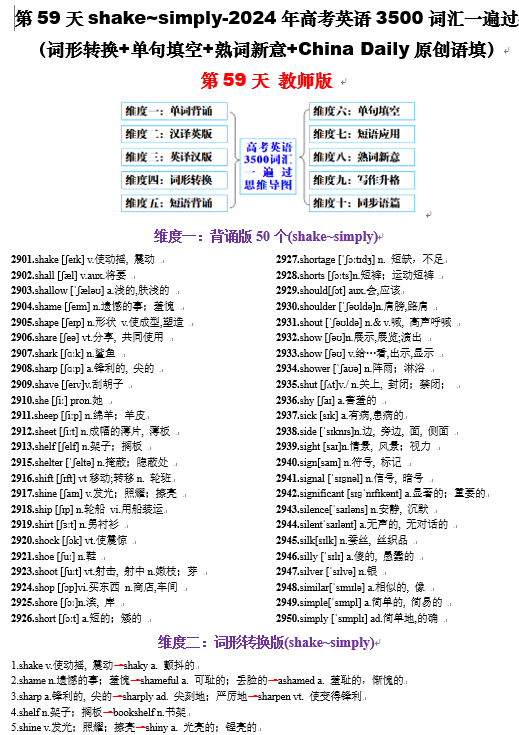 第59天 shake~simply（词形转换+单句填空+熟词新意+China Daily原创语填）-2024年高考英语3500词汇一遍过