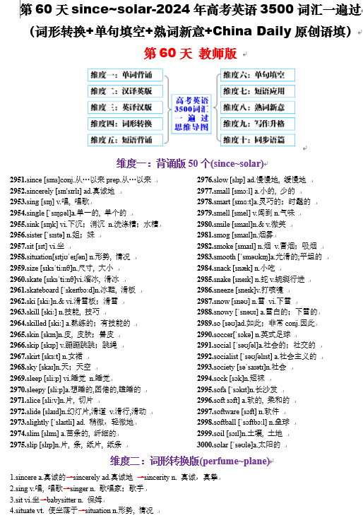 第60天 since~solar（词形转换+单句填空+熟词新意+China Daily原创语填）-2024年高考英语3500词汇一遍过
