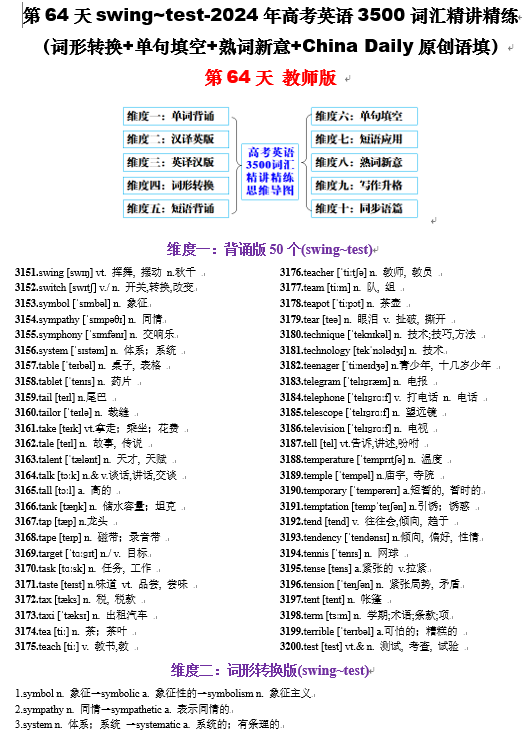 第64天 swing~test（词形转换+单句填空+熟词新意+China Daily原创语填）-2024年高考英语3500词汇精讲精练