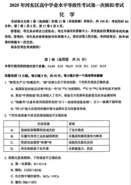 天津市河东区2025届高三下学期一模化学试题