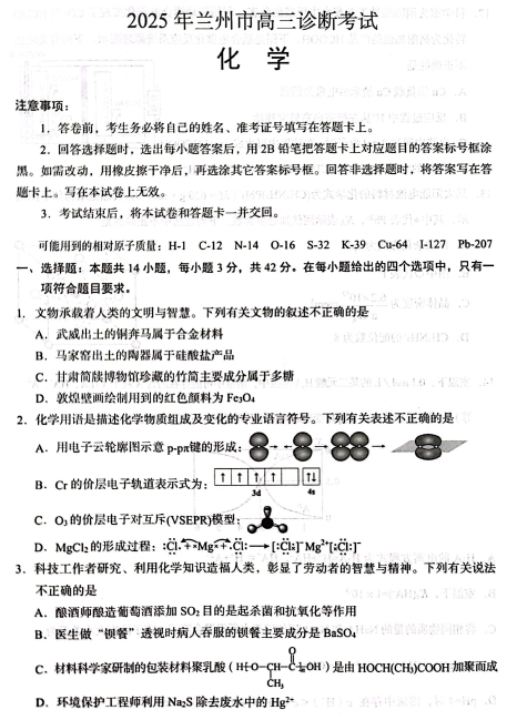甘肃省兰州市2025届高三下学期第一次诊断考试（一模）化学试题