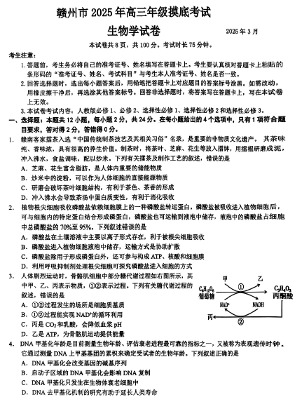2025届江西省赣州市一模生物试题