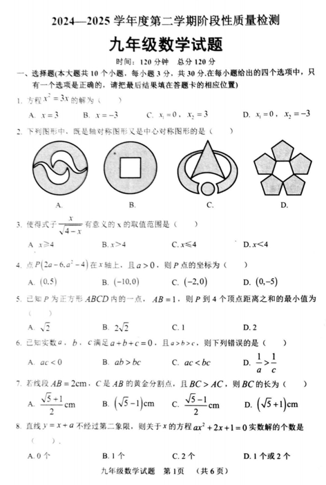 2025年山东省菏泽市鄄城县一模数学试题
