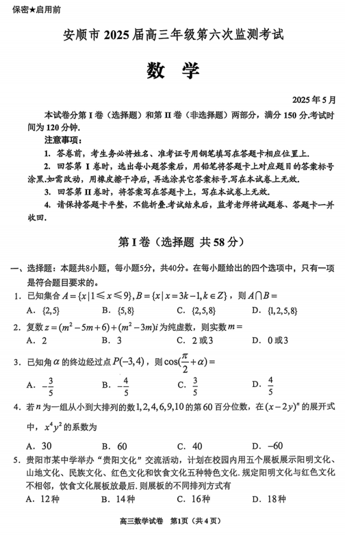 贵州省安顺市2025届高三第六次监测考试数学试题
