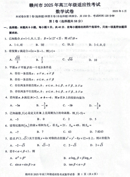 2025届江西省赣州市高三二模数学试题