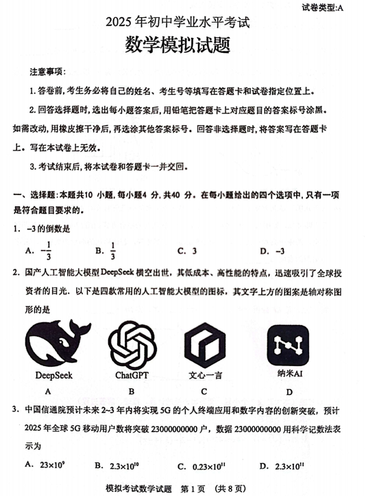 2025年山东省泰安市肥城市中考三模数学试题