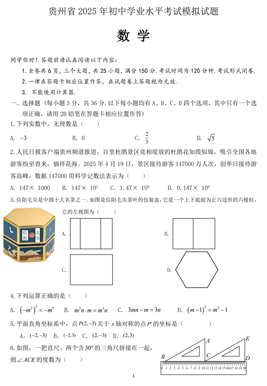 贵州省2025年初中学业水平考试适应模拟考试数学试题