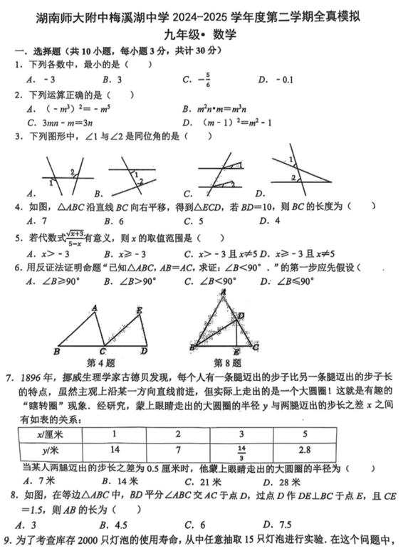 2025年湖南省长沙市湖南师大附中中考三模数学试题