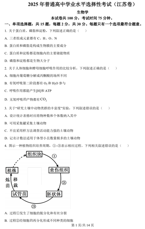 （网络+收集版）2025年高考江苏卷生物高考真题文档版（含答案）