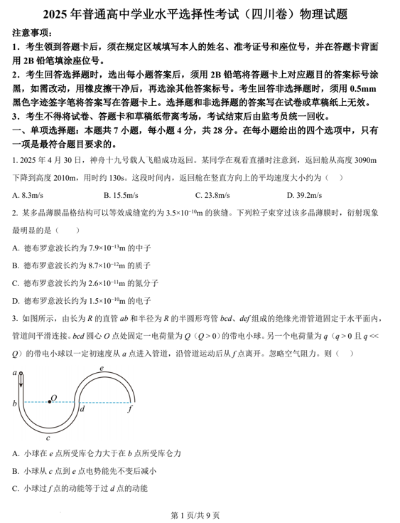(网络+收集版)2025年高考四川卷物理高考真题文档版(含答案) (网络+收集版)2025年高考四川卷物理高考真题文档版(含答案)